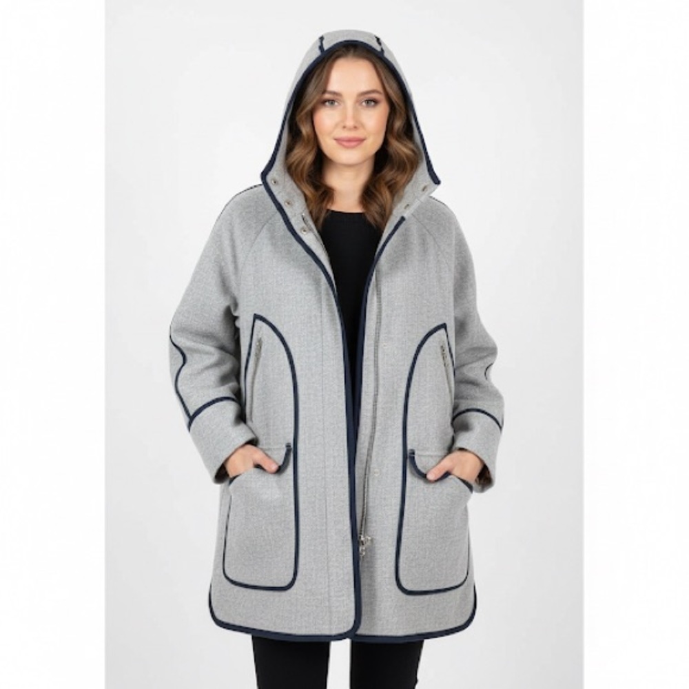 J. Crew Italian Stadium Cloth Hooded Wool Peacoat Womens 14 Gray Minimalist - Picture 1 of 14